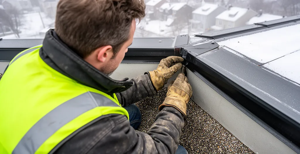 Couvreur professionnel inspectant un joint de solin sur toit plat résidentiel en hiver
