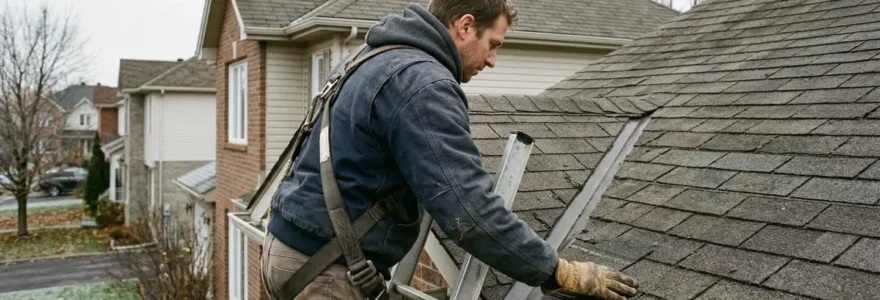 Couvreur québécois inspectant une toiture résidentielle en bardeaux depuis une échelle