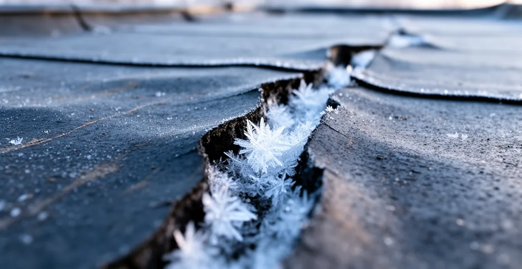 Gros plan sur fissure de membrane EPDM avec cristaux de glace formés à l'intérieur