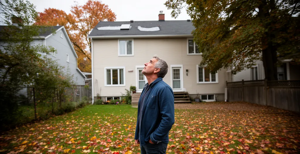 Propriétaire québécois regardant le toit de son duplex depuis sa cour en automne