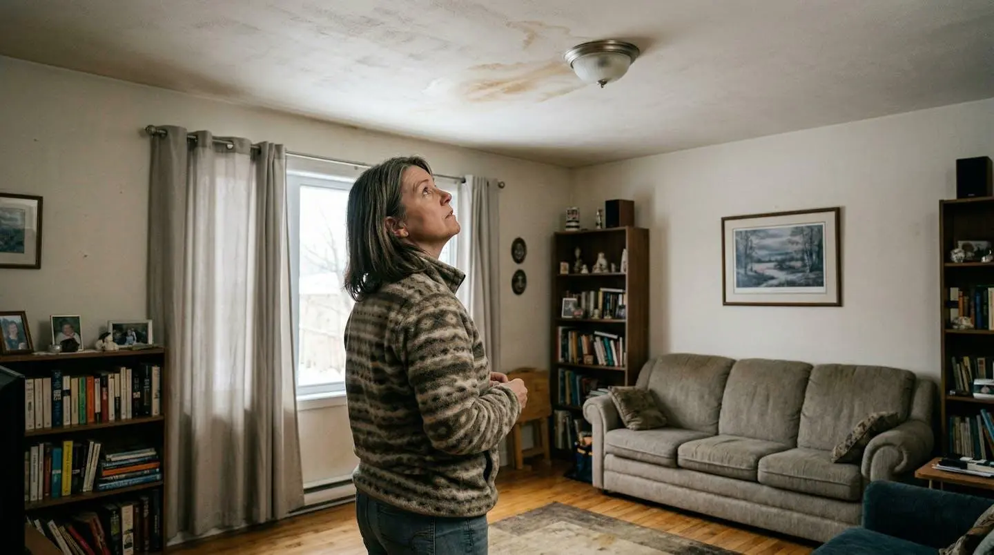Propriétaire observant une tache d'humidité au plafond dans une maison québécoise