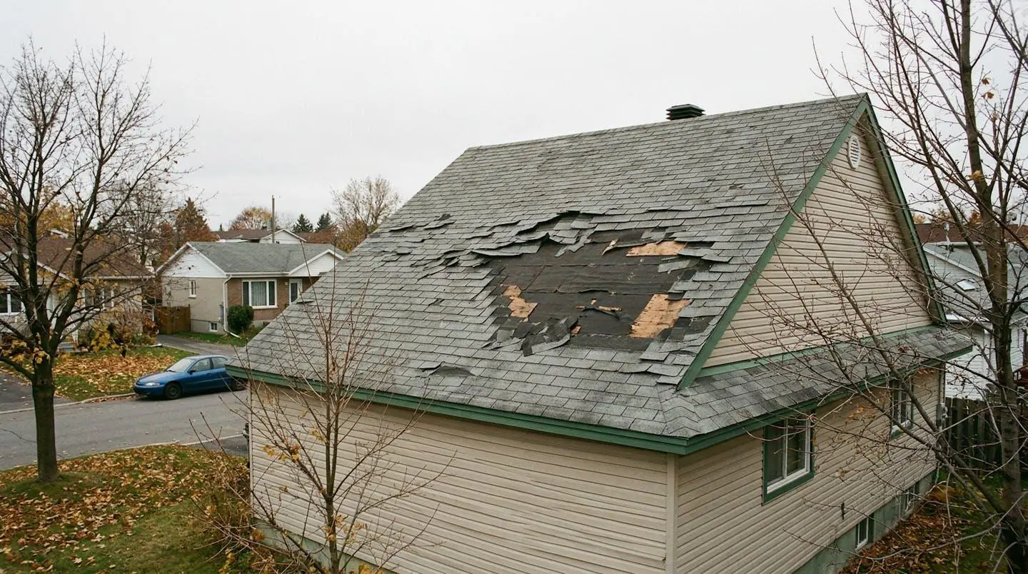 Section de toiture résidentielle québécoise montrant des bardeaux d'asphalte soulevés par le vent