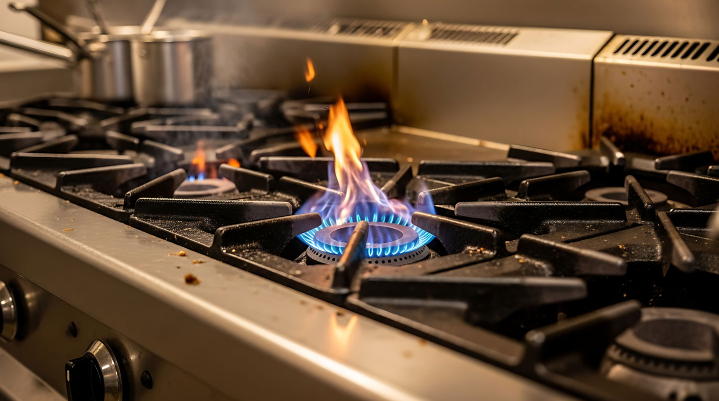 Vue grand angle d'une cuisine professionnelle moderne avec piano de cuisson au gaz et larges fenêtres laissant entrer la lumière naturelle