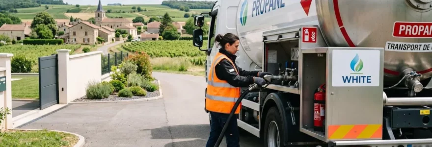 Un chauffeur-livreur en gilet de sécurité travaille près d'un camion-citerne moderne dans un paysage rural français sous un ciel lumineux