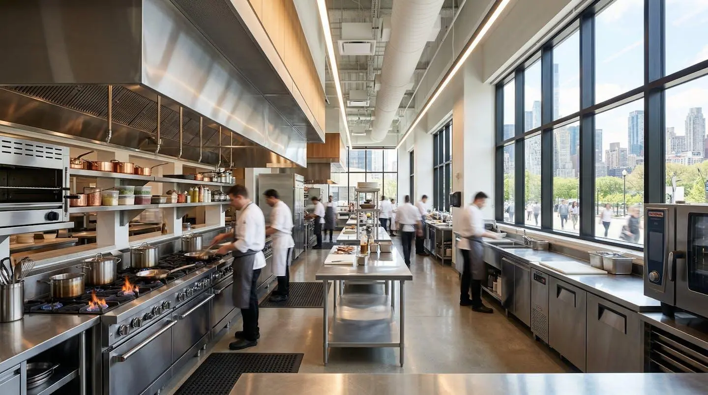 Vue grand angle d'une cuisine professionnelle moderne avec piano de cuisson au gaz et larges fenêtres laissant entrer la lumière naturelle