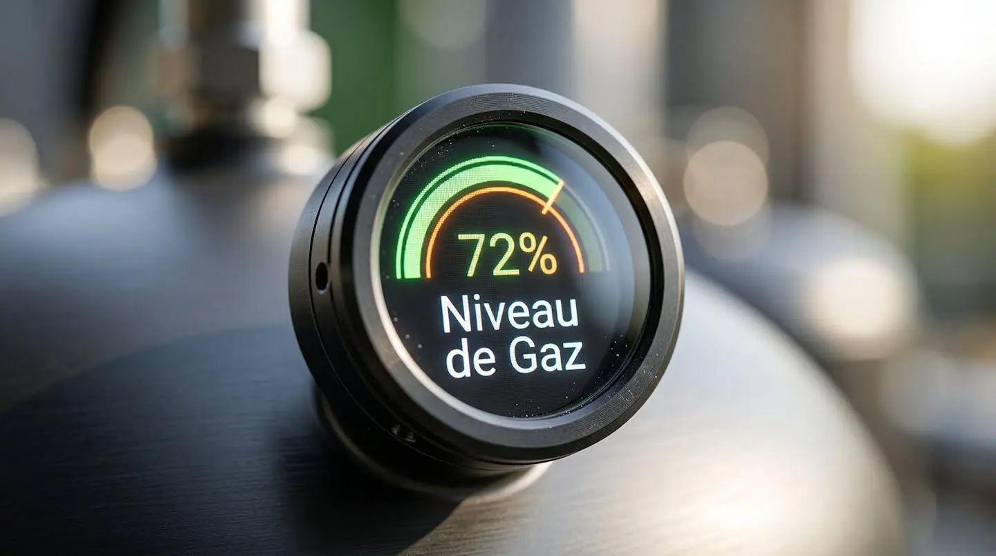 Gros plan sur un afficheur numérique moderne montrant le niveau de remplissage d'une citerne de gaz, avec un arrière-plan flou