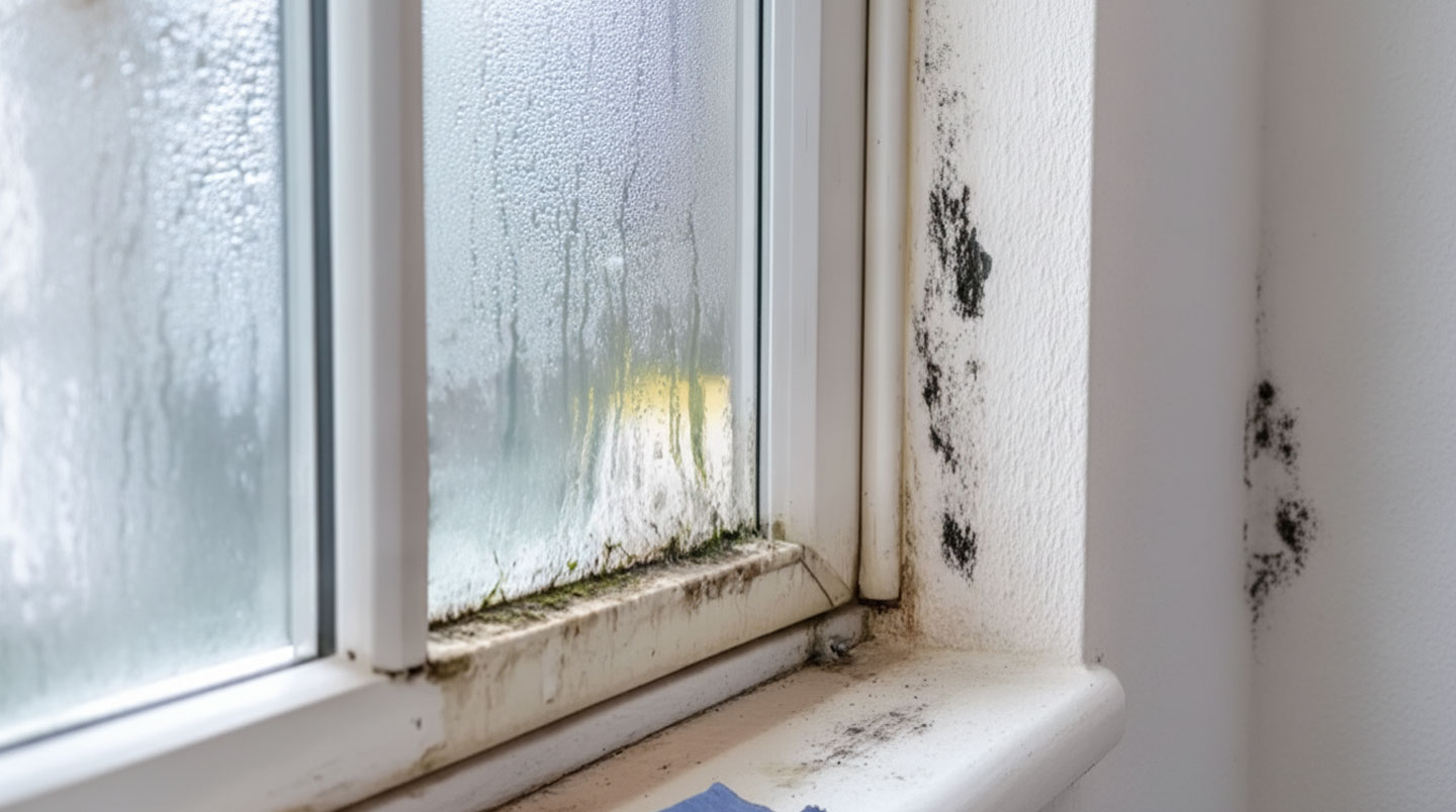 Gros plan d'un joint de calfeutrage craquelé autour d'un cadre de porte intérieure avec traces de condensation