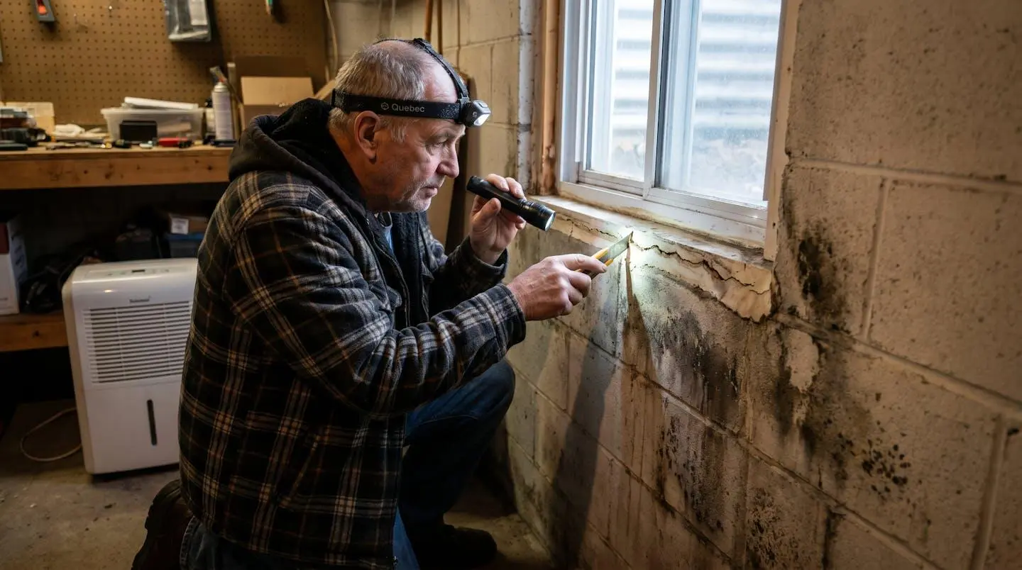 Propriétaire inspectant le joint de calfeutrage d'une fenêtre de sous-sol avec traces d'humidité sur le mur adjacent