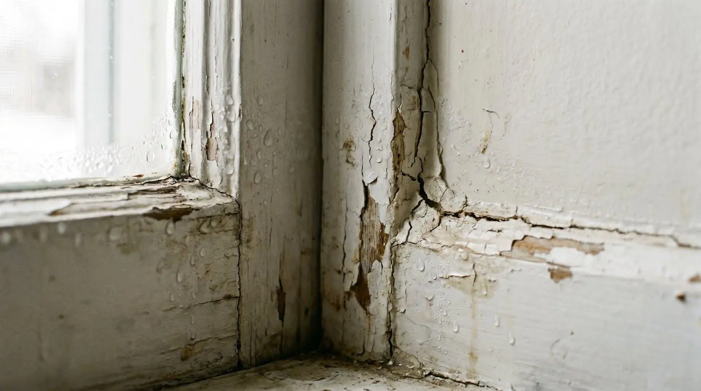 Gros plan d'un joint de calfeutrage craquelé autour d'un cadre de porte intérieure avec traces de condensation
