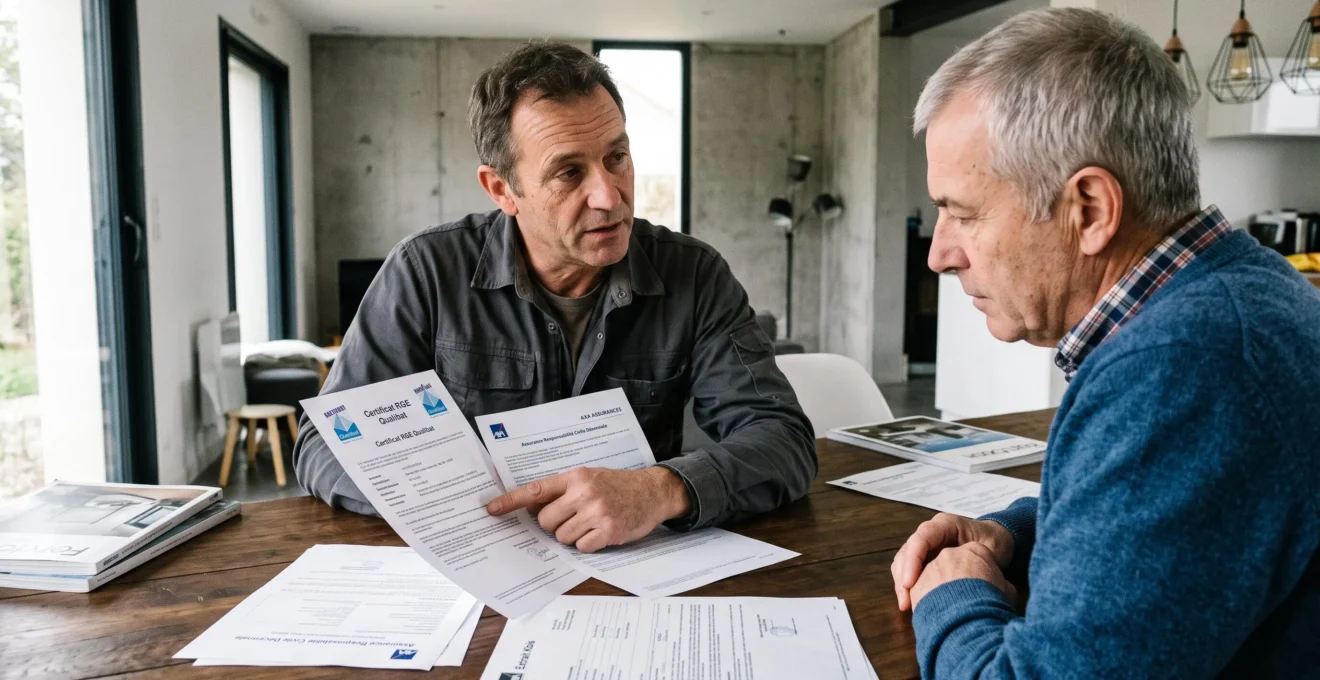 Artisan certifié RGE présentant ses attestations officielles de qualification et d'assurance décennale à un propriétaire avant signature du devis de travaux.