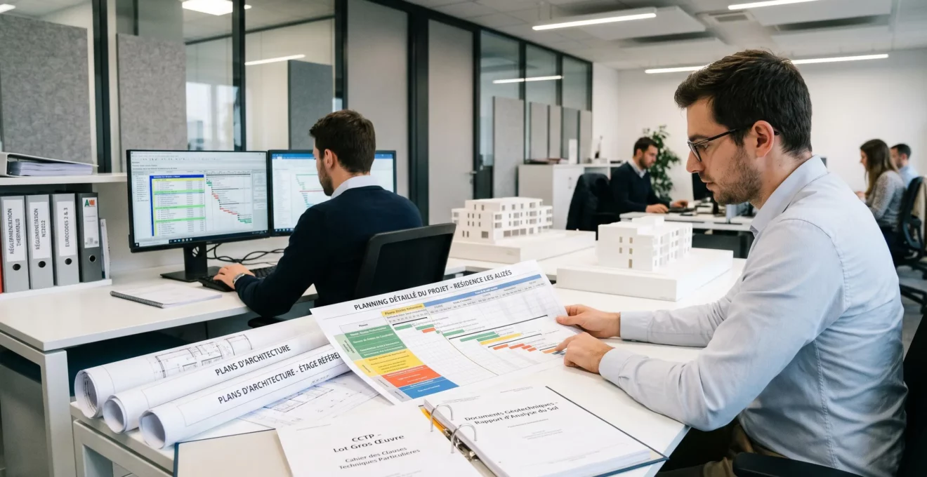 Bureau d'études technique avec plans de construction, calendrier projet et documents géotechniques pour planification optimale des études de sol