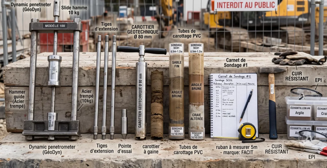 Équipements géotechniques professionnels disposés sur site de chantier : carottier, pénétromètre et échantillons de sol pour investigation