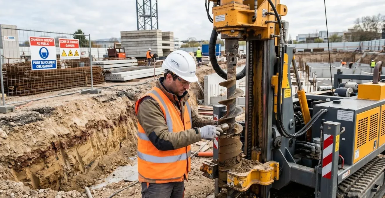 Ingénieur géotechnicien réalisant une investigation de sol sur chantier de construction français avec tarière mécanique, près de la zone de futures fondations
