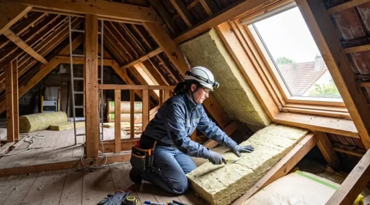 Technicien spécialisé installant de l'isolation thermique dans les combles perdus d'une maison, avec outillage professionnel et matériaux isolants contemporains.