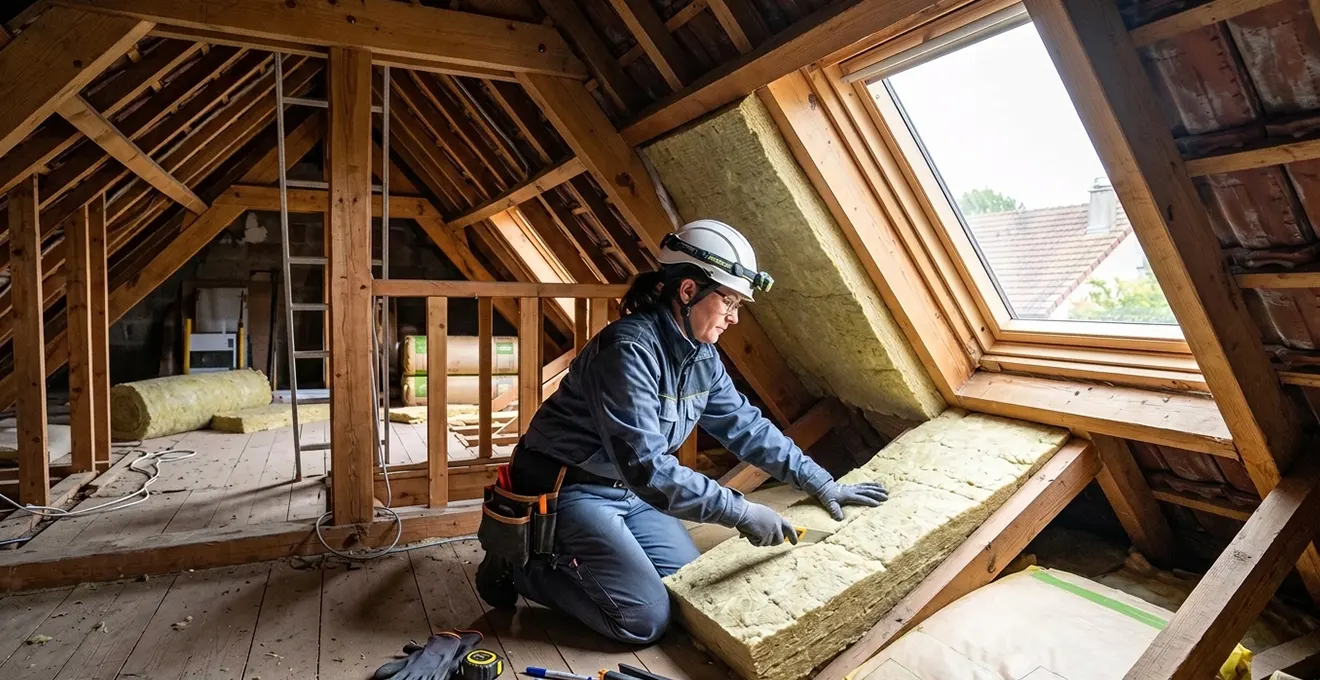 Technicien spécialisé installant de l'isolation thermique dans les combles perdus d'une maison, avec outillage professionnel et matériaux isolants contemporains.