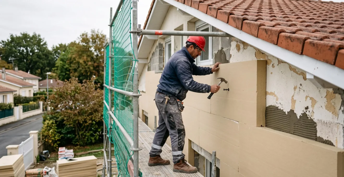 Artisan installant des panneaux d'isolation thermique sur la façade extérieure d'une maison individuelle, sur un échafaudage de chantier.