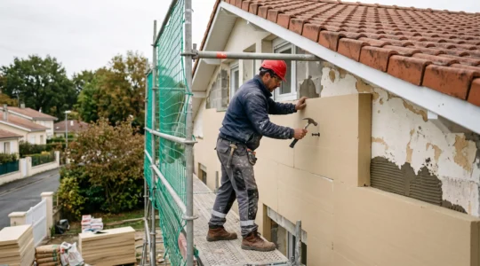 Artisan installant des panneaux d'isolation thermique sur la façade extérieure d'une maison individuelle, sur un échafaudage de chantier.