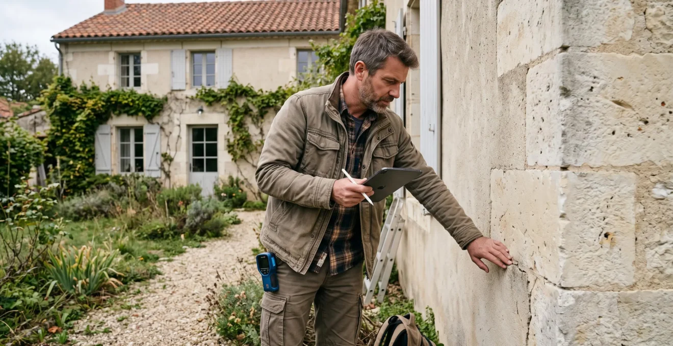 Professionnel de l'audit énergétique examinant la façade extérieure d'une maison avec une tablette, en phase d'évaluation.