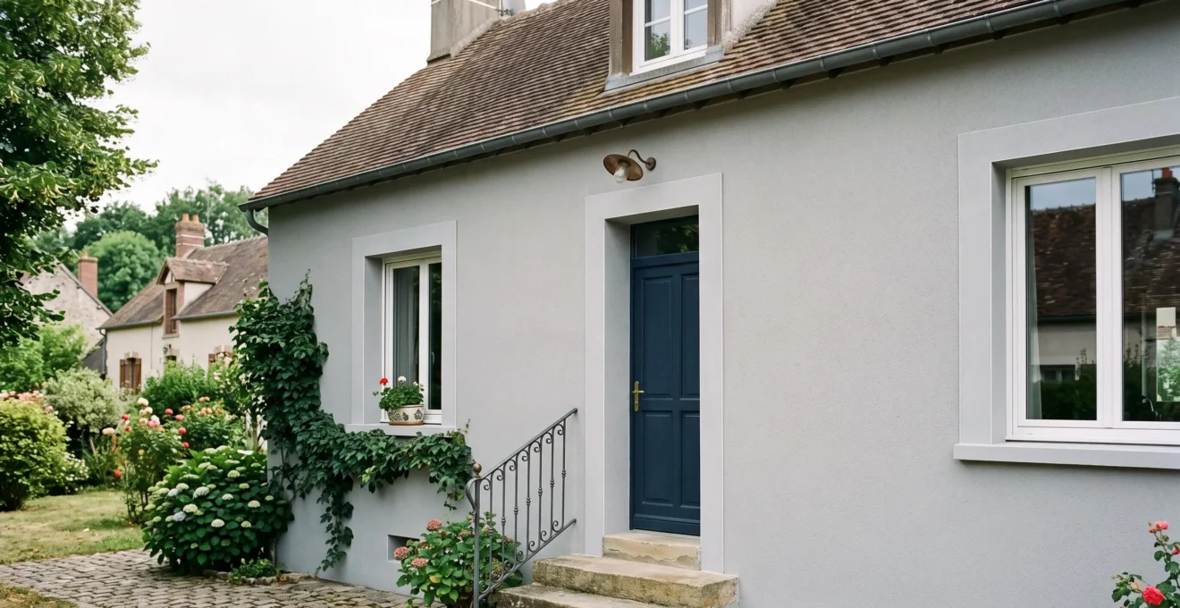 Façade de maison rénovée avec isolation thermique par l'extérieur, enduit gris clair moderne et finition uniforme.