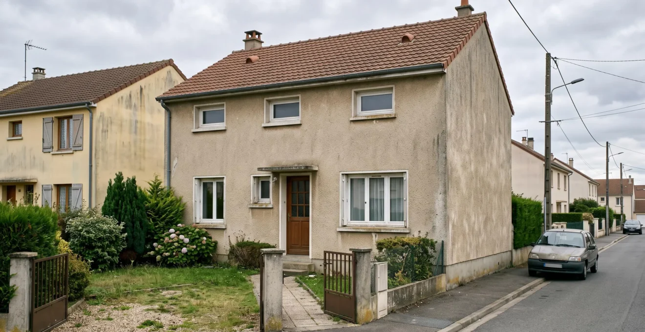 Maison individuelle française typique des années 1980 avec façade en crépi beige et fenêtres d'origine, dans un quartier résidentiel.